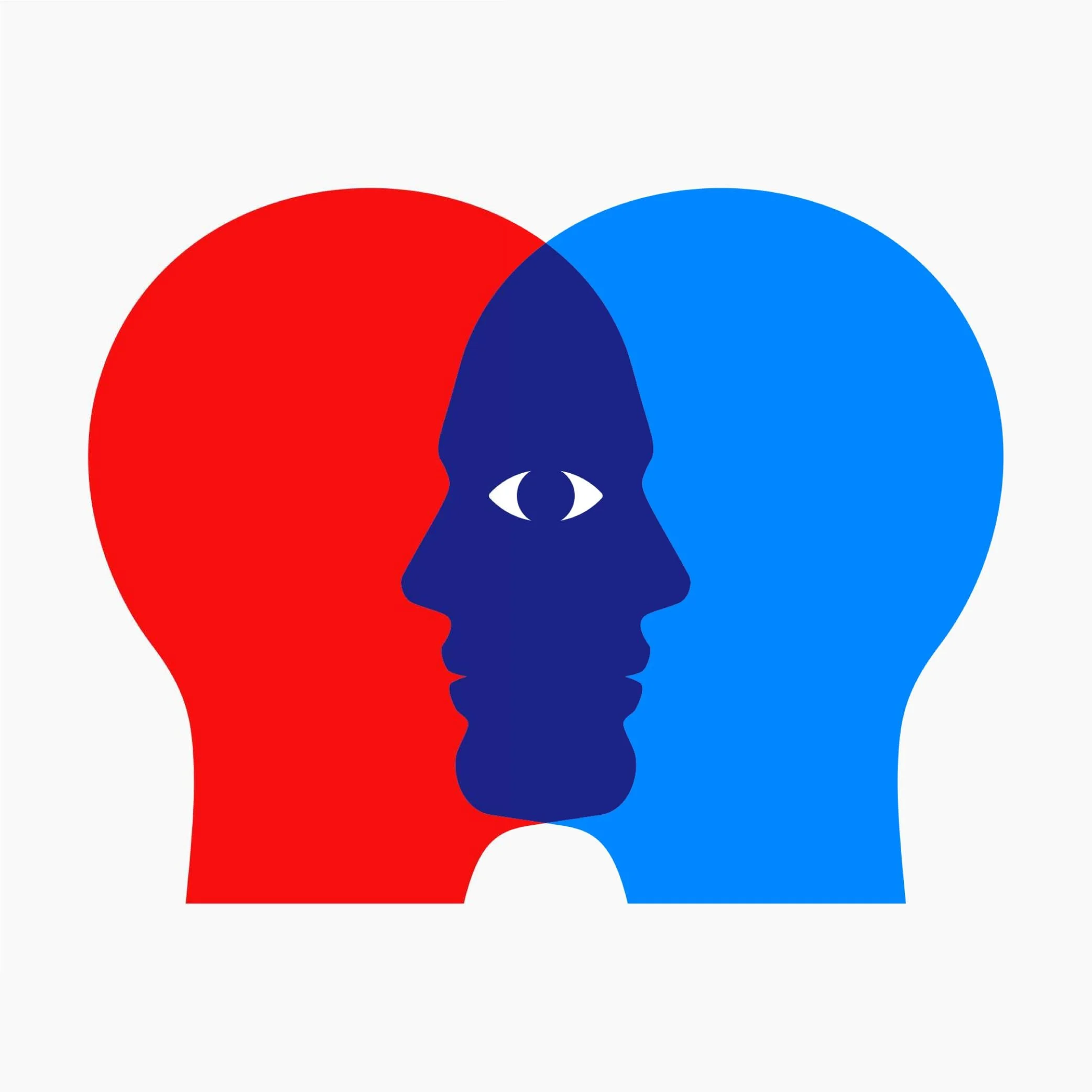 Illustration of two overlapping head silhouettes, one red and one blue, sharing one face