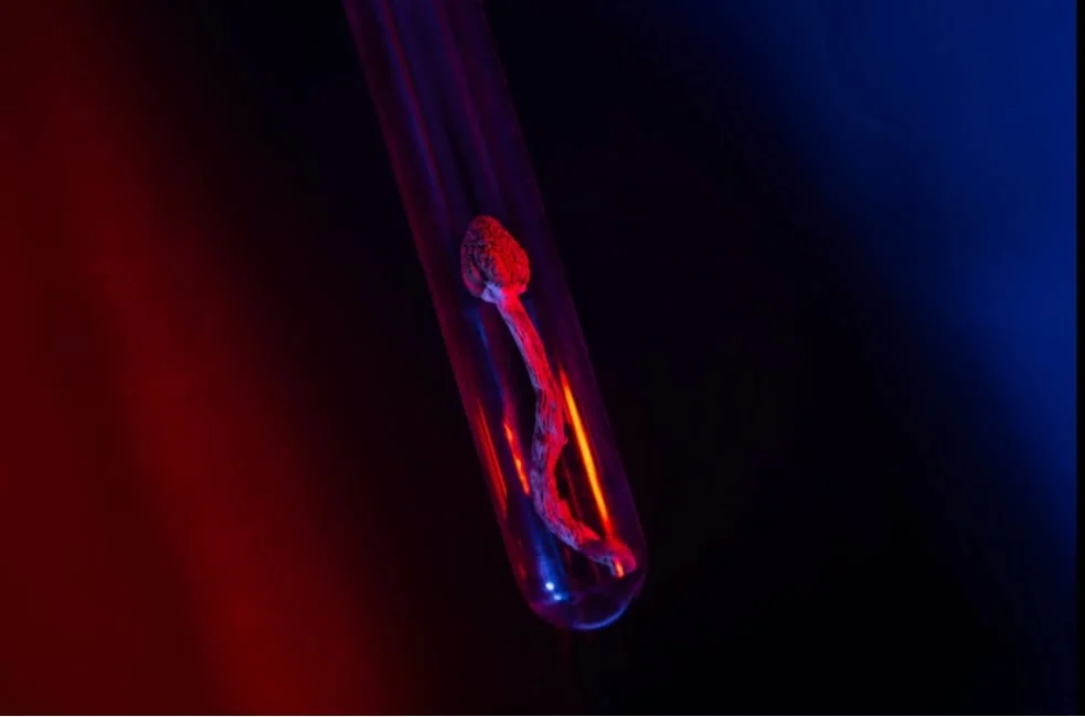 A mushroom inside a glass test tube under red and blue light
